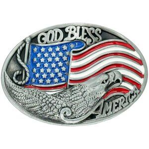 Mens Womens God Bless America Eagle & Flag Silver Tone Western Belt Buckle NWT